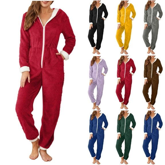 QATAINLAV Womens Onesie Christmas Pajamas Fleece Warm Zip Hooded Jumpsuit Xmas Lounge Sleepwear with Pocket, Blue, XXL