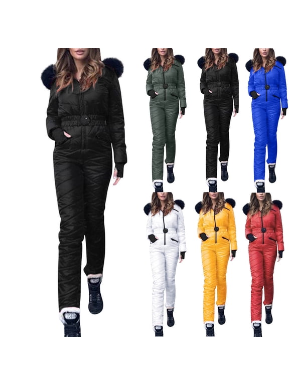 Womens Onesie Ski Suit Winter Outdoor Sports Waterproof Snowsuit Faux Fur Collar Zip Jumpsuits Puffer Jacket, Black, XXL