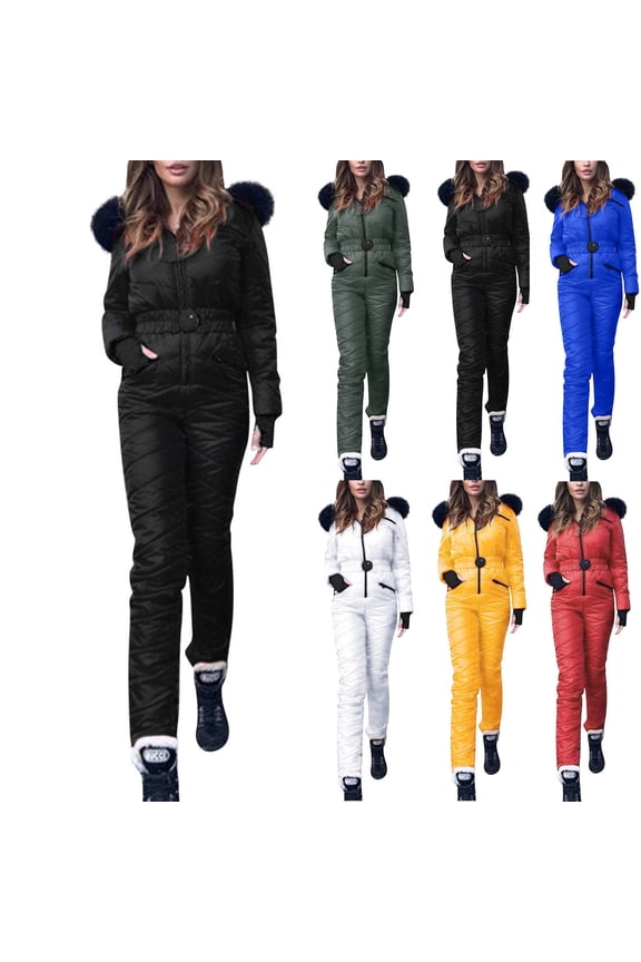 Womens Onesie Ski Suit Winter Outdoor Sports Waterproof Snowsuit Faux Fur Collar Zip Jumpsuits Puffer Jacket, Red, XXL