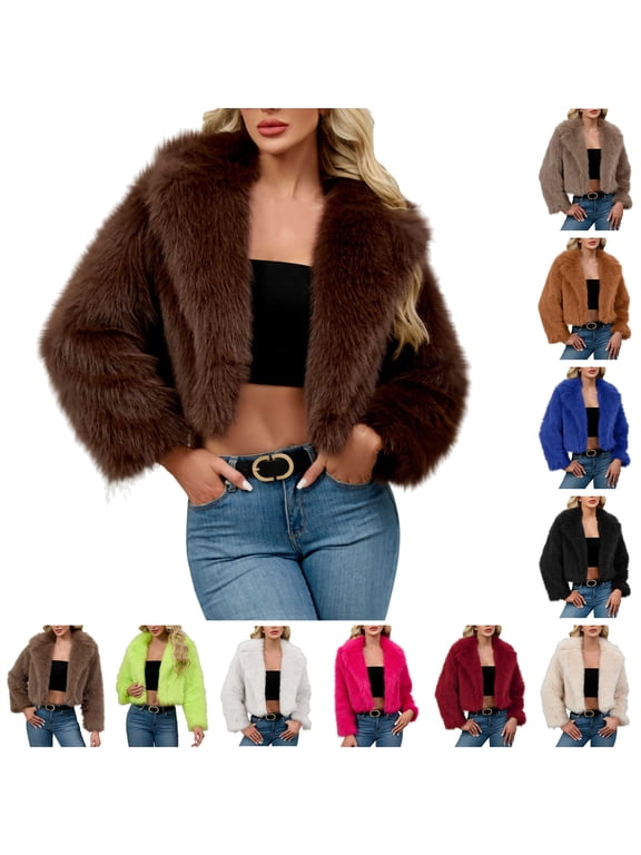 Womens Open Front Lapel Furry Winter Coats Long Sleeve Faux Fur Jacket Solid Color Cropped Fleece Coat, Brown, M