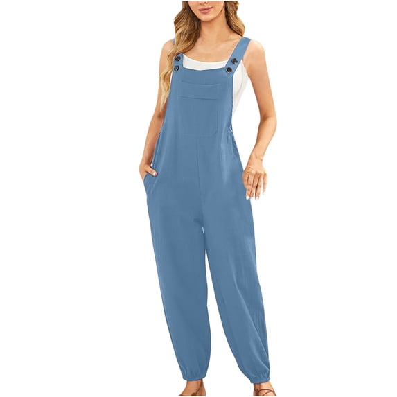 QATAINLAV Womens Overalls Loose Fit Linen Jumpsuits Casual Solid Color Sleeveless Rompers with Pockets 2024 Gym Comfy Jumpers One Piece Pants, Sky Blue, M