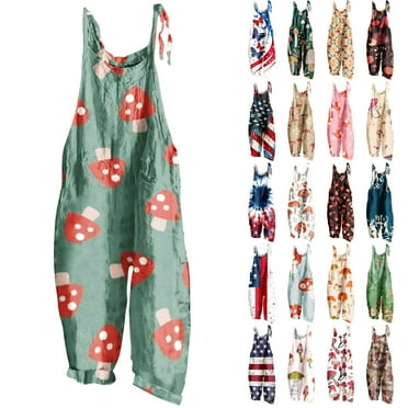 QATAINLAV Womens Overalls Wide Leg Jumpsuits Cute Mushroom Print Rompers Casual Loose Straps Jumpers with Pockets Summer Sleeveless Linen One Piece Pants, Pink, XXL