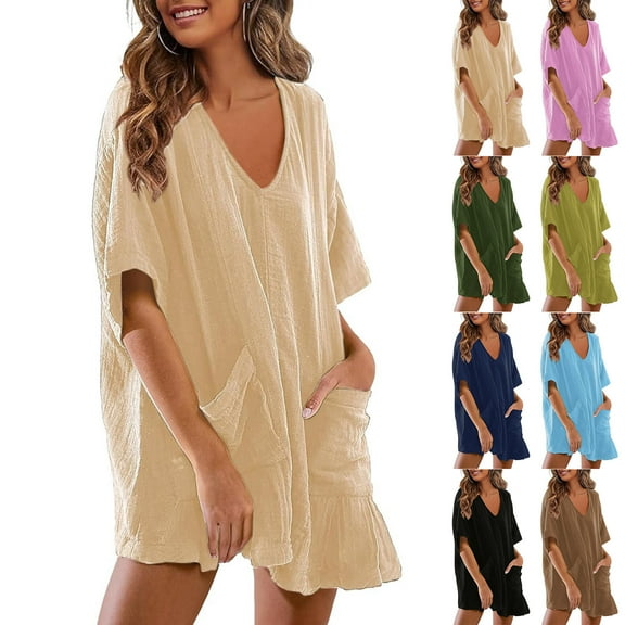 QATAINLAV Womens Oversized Summer Tee Romper Solid Casual Loose Overalls Short Sleeve V Neck Onesie Shorts with Pockets 2025 Beachwear Army Green XXL Gifts for Mom