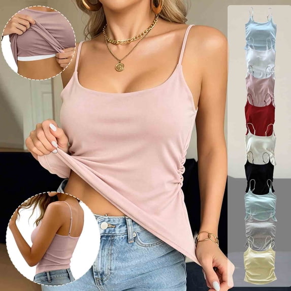 QATAINLAV Womens Padded Cami Shirts Summer Spaghetti Strap Tank Tops with Built in Bra Slim Fitted Basic Undershirt Yellow