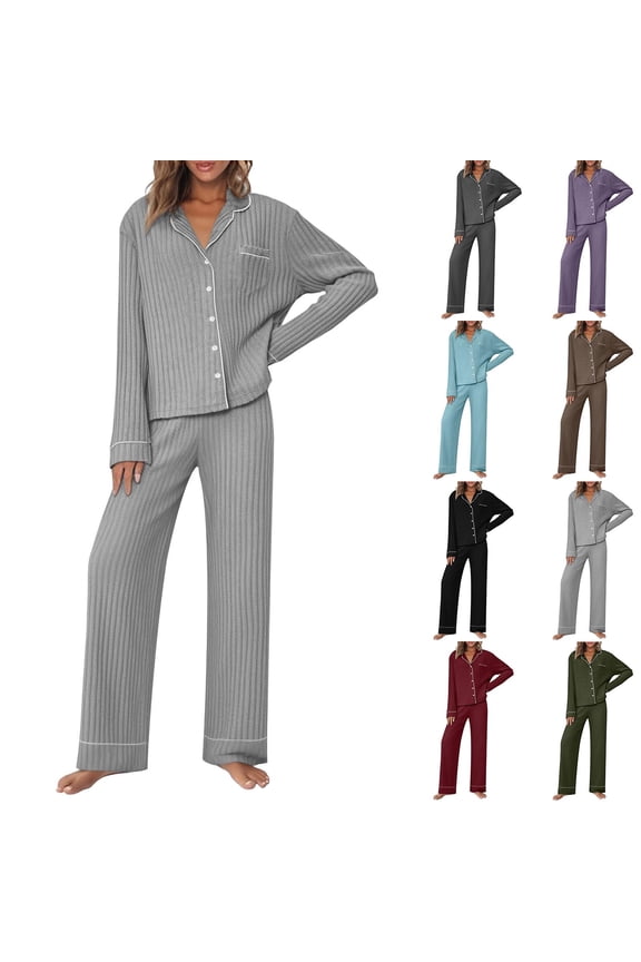 Womens Pajama Sets Long Sleeve Ribbed Knit Lounge Set Button Down Shirts and Wide Leg Pants with Pockets 2 Piece Casual Outfits, Black, XXL