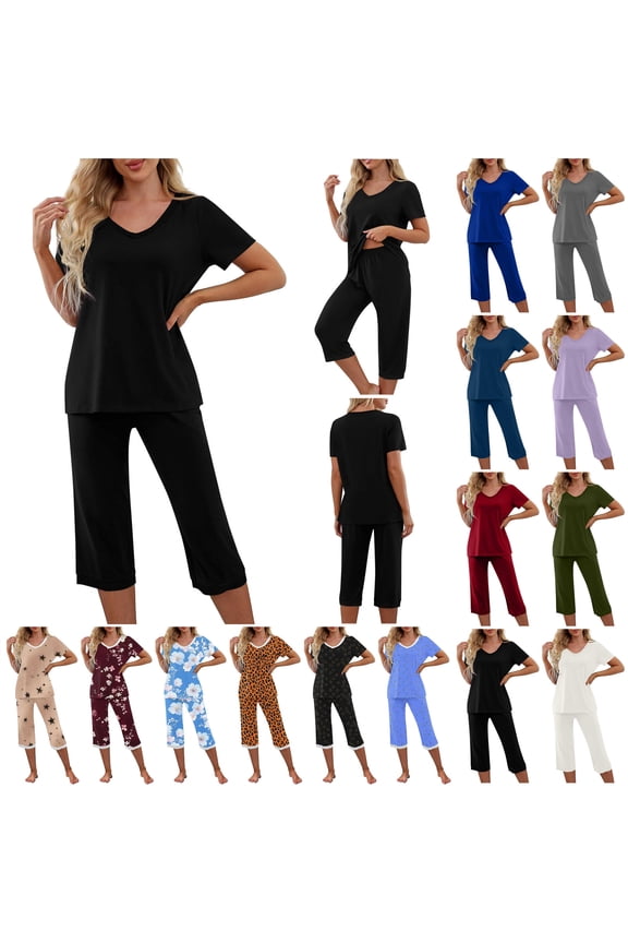 Womens Pajama Sets Solid Color Casual Short Sleeve Tops with Capri Pants Sleepwear 2 Piece Loungewear Set, White, S