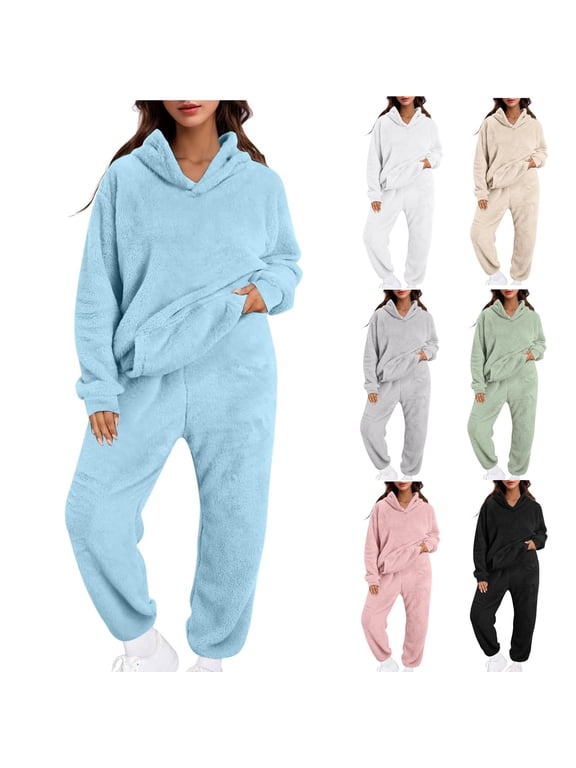Womens Pajama Sets Warm Fuzzy Fleece Oversized Hoodie and Loose Sweatpants Casual Comfy Loungewear Set Winter Outfits