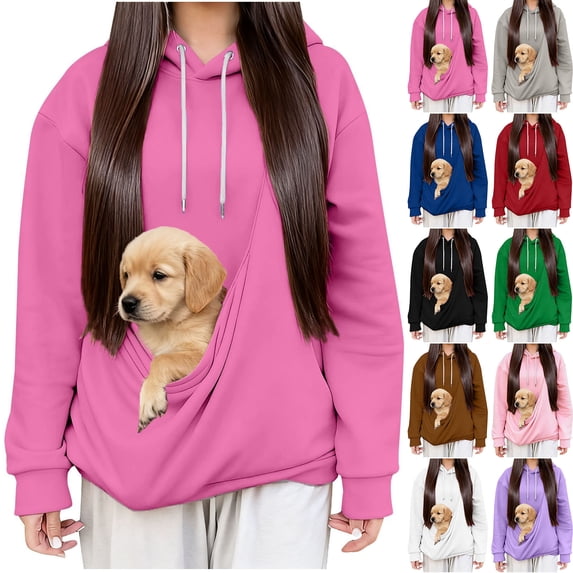 QATAINLAV Womens Pet Pouch Hoodies Oversized Fleece Pullover Sweatshirts Solid Color Long Sleeve Hooded Tops, Hot Pink, S