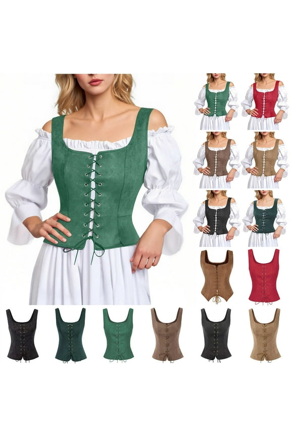 Womens Pirate Renaissance Corset Tops Vintage Lace Up Bodice Vest Halloween Steampunk Gothic Waistcoat Cosplay Costume, Red, S