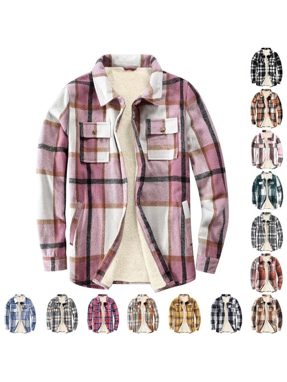 Womens Plaid Button Down Shirt Roll Up Long Sleeve Plaid Shacket Warm Fleece Lined Winter Jackets, Multicolor, M