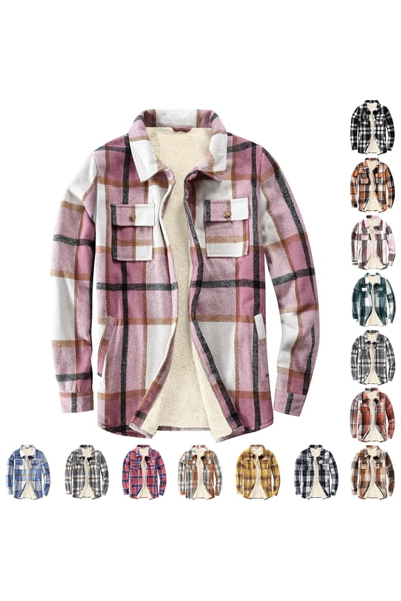 Womens Plaid Button Down Shirt Roll Up Long Sleeve Plaid Shacket Warm Fleece Lined Winter Jackets, Multicolor, S