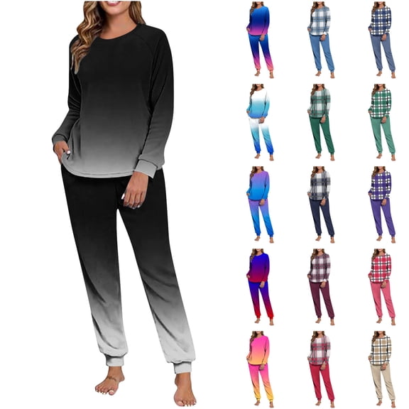 QATAINLAV Womens Plaid Pajama Sets Fall Winter Sleepwear 2 Piece Outfits Soft Fleece Long Sleeve Shirts and Joggers Lounge Set, Light Blue, M