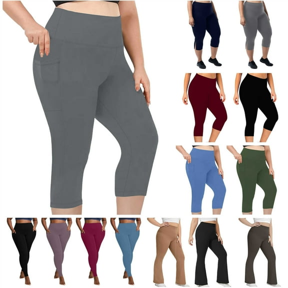 QATAINLAV Womens Plus Size Capri Leggings with Pockets High Waisted Butt Lifting Yoga Cropped Pants Solid Color Workout Legging Capris, Navy, XXXXL, Gifts for Mom