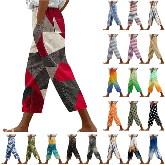 QATAINLAV Womens Plus Size Capris 2025 Summer Beach Casual Drawstring Capri Pants Trendy Gradient Color Straight Leg Cropped Trousers with Pockets Multicolor XL Lightning Sales