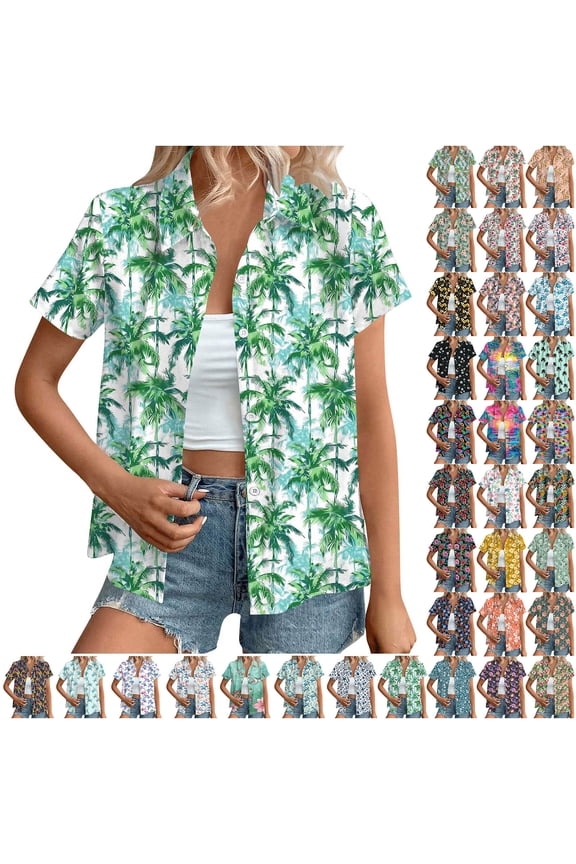 Womens Plus Size Hawaiian Shirts Fashion Tropical Vacation Outfits 2026 Beach Coconut Trees Tops Summer Button Down Short Sleeve Blouse Multicolor L