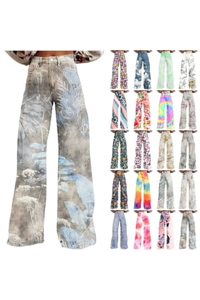 Womens Plus Size Jeans with Pockets Loose Wide Leg Denim Trousers Casual High Waisted Lounge Pants Vintage Printed Jean Pants Ofertas en Walmart Multicolor 3XL