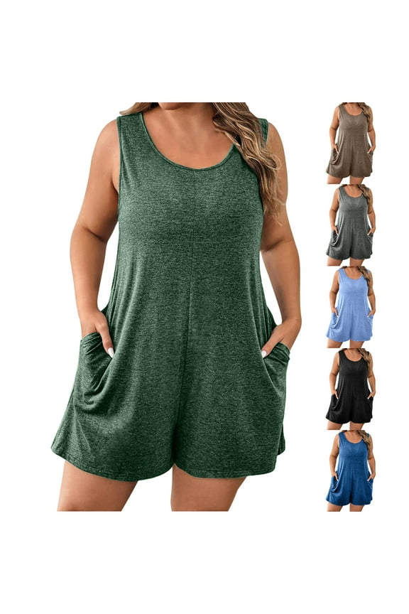 Womens Plus Size Jumpsuits Casual Crew Neck Sleeveless Tank Rompers Summer Cotton Comfy Oversized Romper with Pockets Black XXXXXL Back to College Sales