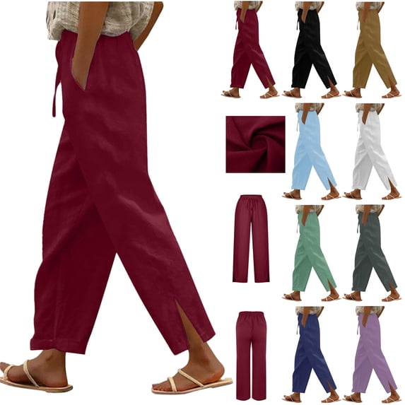 QATAINLAV Womens Plus Size Linen Pants Summer High Waist Casual Beach Pants Solid Color Side Slits Lightweight Trousers with Pockets, Purple, M
