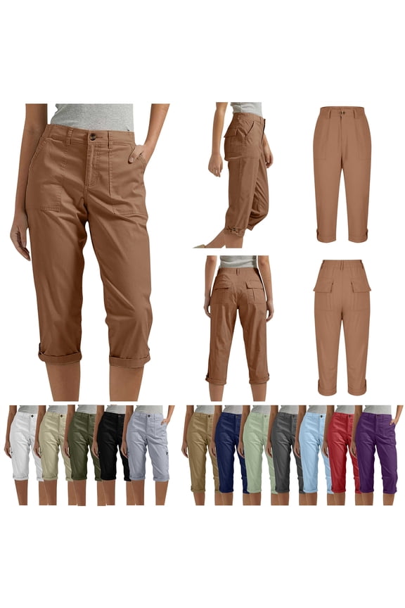 Womens Plus Size Twill Hiking Capris with Pockets Casual Button Elastic Waist Cargo Capri Pants Rolled Hem Cropped Work Trousers, Black, XXXL