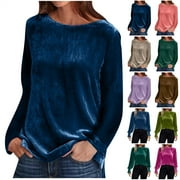 QATAINLAV Womens Plus Size Velvet Tees Tops Solid Casual Crewneck Pullover Blouses Dressy Long Sleeve Elegant Velour T-shirt, Black, XXXL