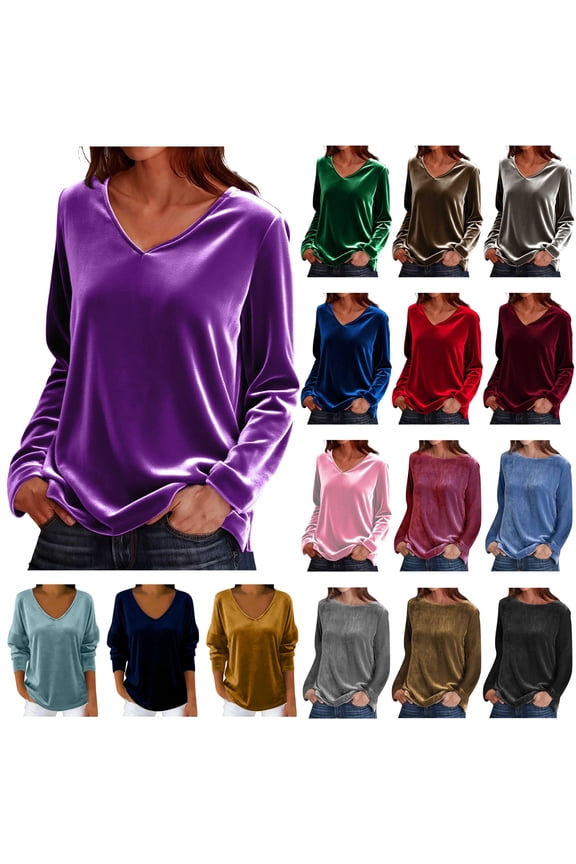 Womens Plus Size Velvet Tees Tops Solid Casual V Neck Pullover Blouses Dressy Long Sleeve Elegant Velour T-shirt, Green, XXL