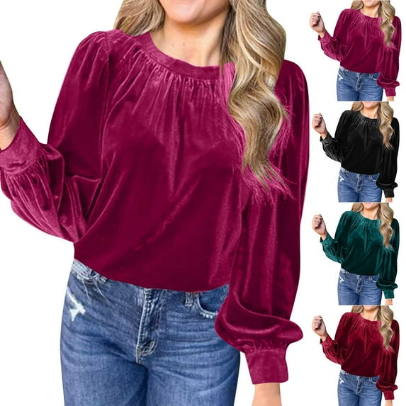 QATAINLAV Womens Puff Long Sleeve Velvet Tops Fall Winter Dressy Cute Elegant Velour Blouses Casual Crewneck Pullover Tunic Shirts, Green, L, !