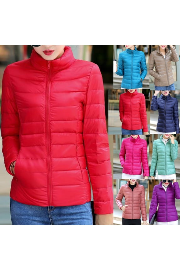 Womens Puffer Jacket Quilted Lightweight Stand Collar Zip Up Down Coat Warm Winter Jackets with Pockets, Red, XXL