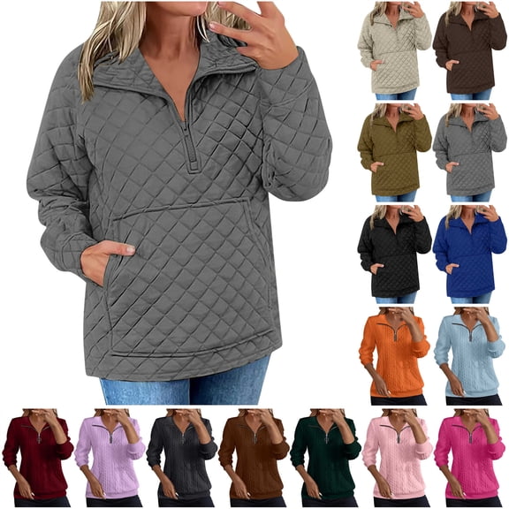 QATAINLAV Womens Quarter Zip Sweatshirts Casual Loose Long Sleeve Textured Pullover Back to Clothes for Teen Clothes Dark Gray M
