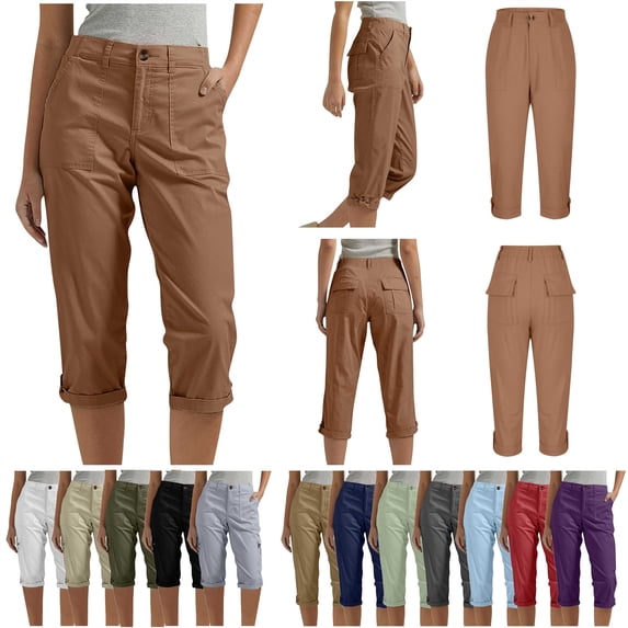 QATAINLAV Womens Capris with Pockets Lightweight Casual Rolled Cargo Pants Knee Length Solid Color Cropped Trousers, Blue, XXL