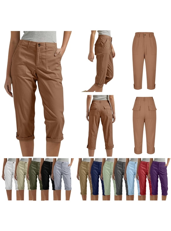 Womens Relaxed Fit Cargo Capris Business Causal Cropped Pant Outdoor Solid Color Multi Pockets Hiking Pants Beach Vacation Clothes Red XXL