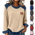thumbnail image 1 of QATAINLAV Womens Ribbed Knit Long Sleeve Shirt Crewneck Color Block Denim Patchwork Sweaters Casual Textured Blouses Gray S, 1 of 7