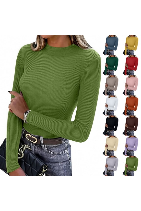 Womens Ribbed Knit Pullover Sweater Solid Color Mock Neck Long Sleeve Tops Lightweight Thermal Undershirts Blouse, Khaki, M