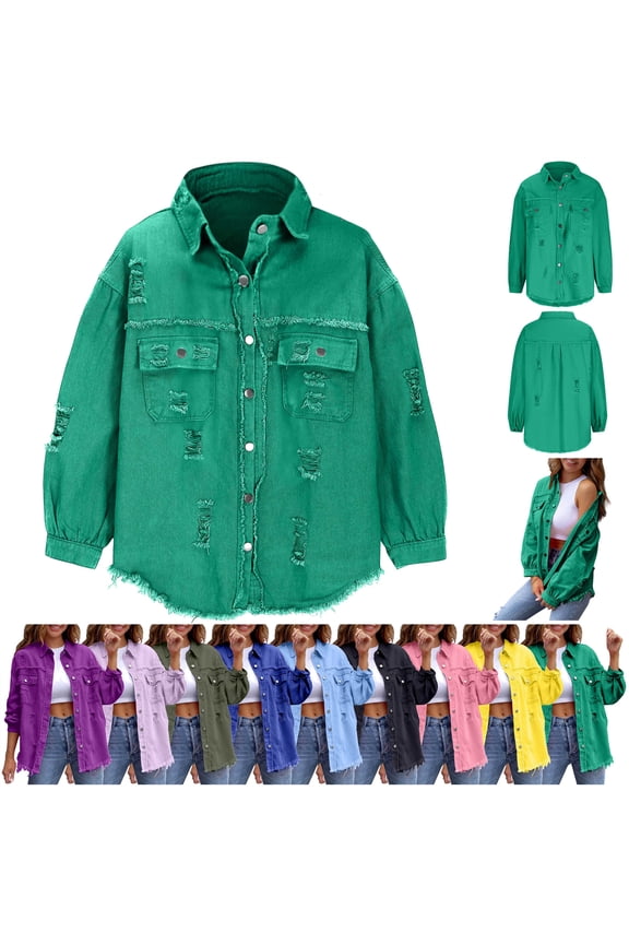 Womens Ripped Distressed Denim Jacket Oversized Casual Long Sleeve Jean Jacket Streetwear Going Out Tops Green S