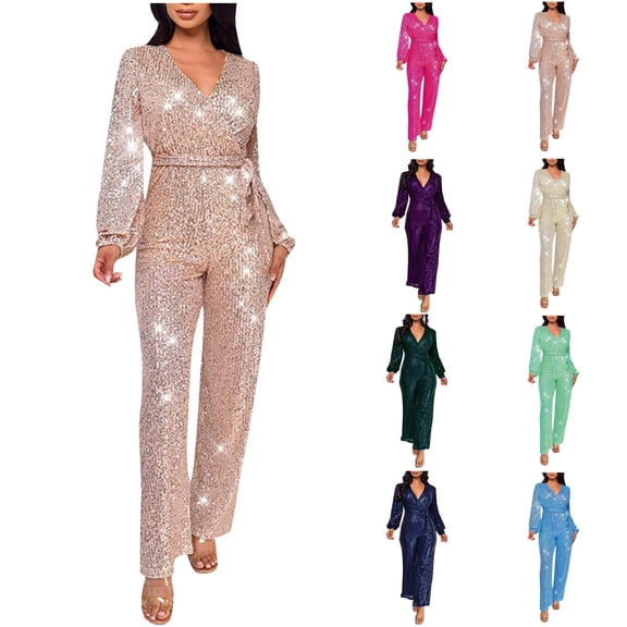 QATAINLAV Womens Romper 2024 Casual Fashion High Waisted Long Sleeve One Piece Pants Casual Deep V Neck Glitter Sequin Slim Party Jumpsuit Rose Gold XXL