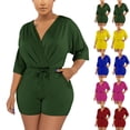 thumbnail image 1 of QATAINLAV Womens Rompers Wrap V Neck 3/4 Sleeve Jumpsuits Solid Color Casual Drawstring Waist One Piece Shorts with Pockets, White, S, 1 of 6