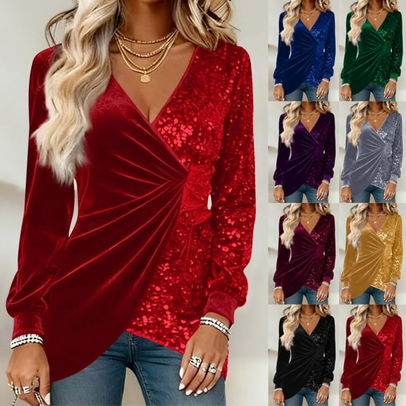 QATAINLAV Womens Ruched Wrap V Neck Long Sleeve Tops Elegant Velvet Patchwork Party Shirt Glitter Sequin Going Out Outfits, Blue, XL