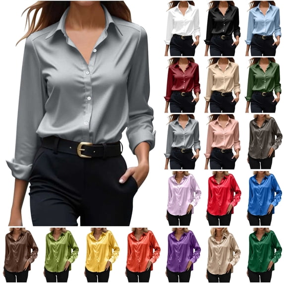 QATAINLAV Womens Satin Blouses Long Sleeve Turndown Collar Button Down Tops Solid Color Loose Dress Shirts, Beige, S