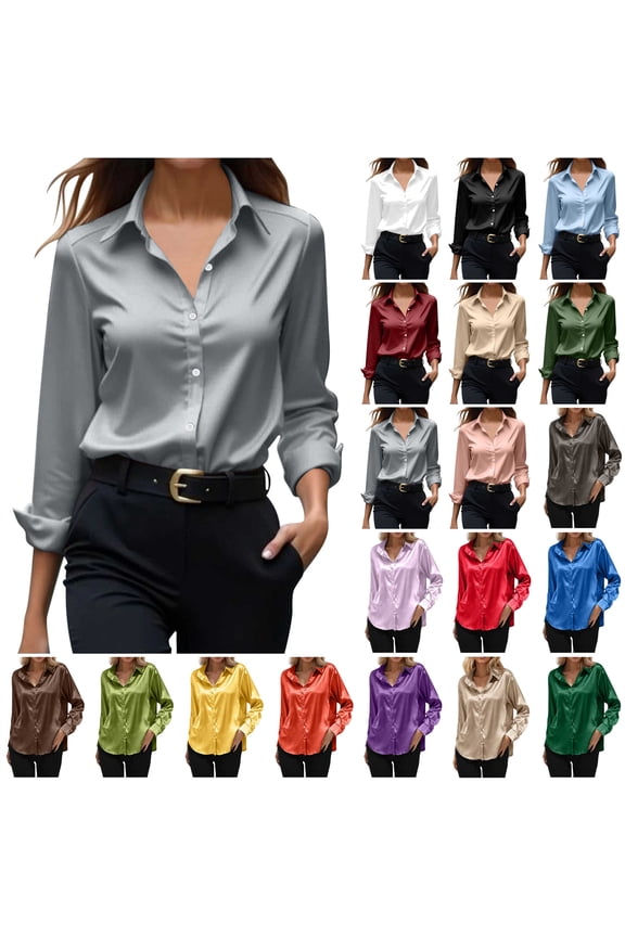 Womens Satin Blouses Long Sleeve Turndown Collar Button Down Tops Solid Color Loose Dress Shirts, Gray, XL