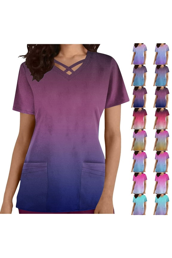 Womens Scrubs Gradient Print Short Sleeve Nursing Scrub Tops Criss Cross V Neck T-Shirts Stretch Nurse Uniform Pocket Tee Nurse Gifts Blue XXXL