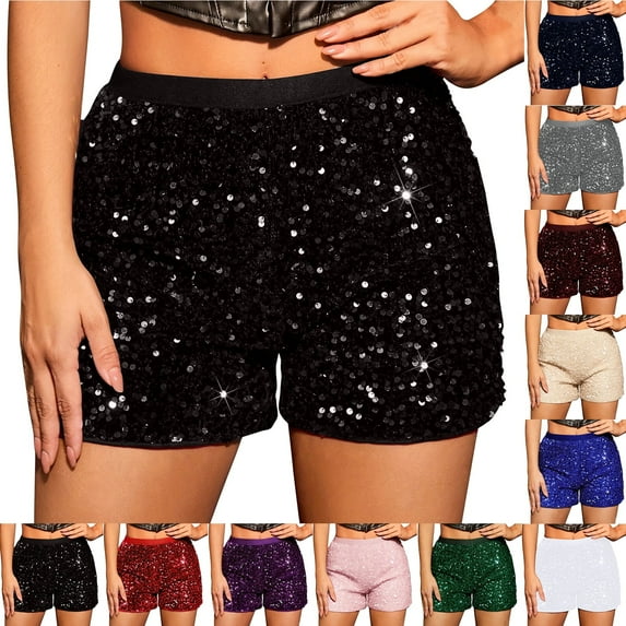 QATAINLAV Womens Sequin High Waist Shorts Slim Fit Solid Color Glitter Bottoms Night Out Party Clubwear Black