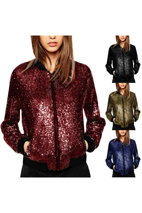 Mother's Day Gifts! Women's Sequin Shiny Jacket Long Sleeve Zipper Glitter Bomber Jacket Shimmering Party Outwear Coat Birthday Holiday Clothes Blue M