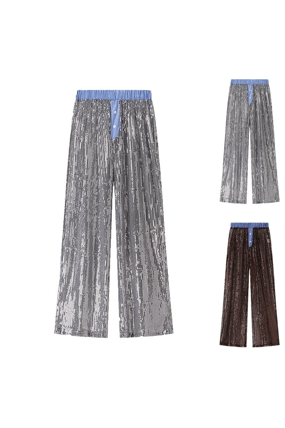 Womens Sequin Pants Glitter Sparkly High Waist Straight Leg Trouser Loose Shiny Dance Sweatpants Silver