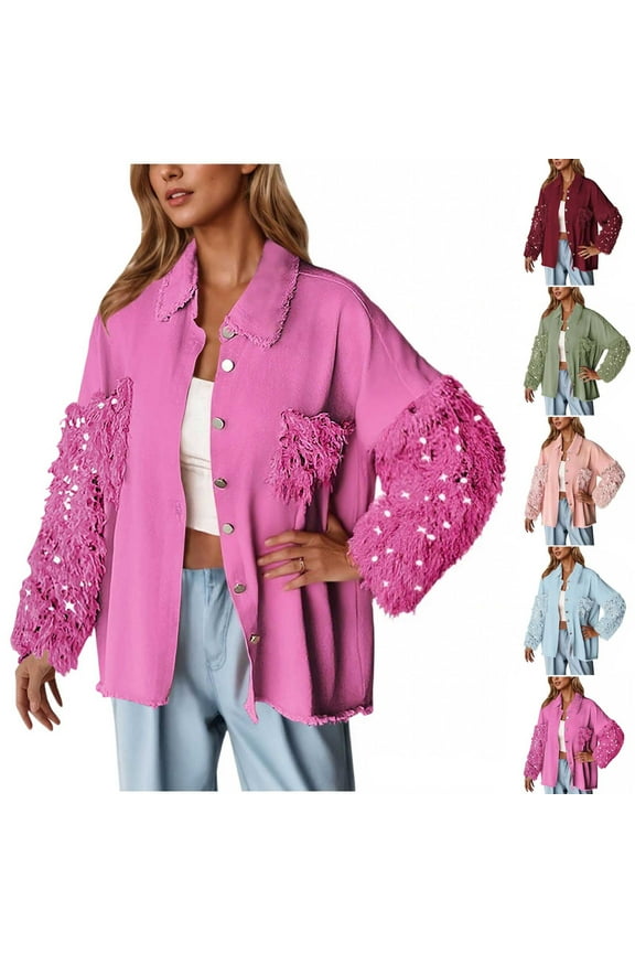 Womens Sequin Patchwork Jacket Casual Button Front Lapel Denim Shacket Fall Long Sleeve Jean Coats with Pocket, Army Green, M