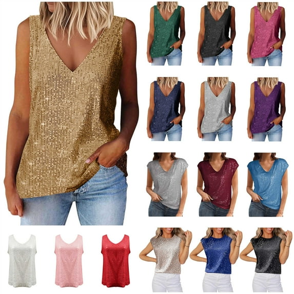 QATAINLAV Womens Sequin Tanks Fashion Glitter Party Tops Sleeveless V Neck Streetwear Solid Color Shirts,Red,XXL