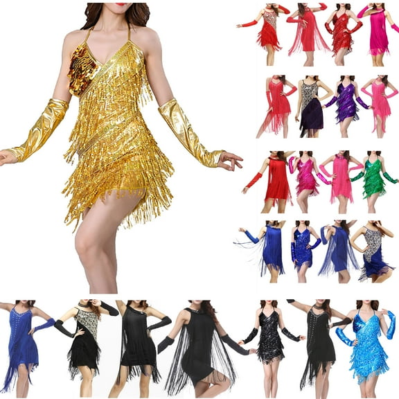 QATAINLAV Womens Sequin Tassel Flapper Dress Glitter Sleeveless Straps Halter Latin Dress 1920s Fringed Dress for Wedding Guest Red Free Size Daily Sales