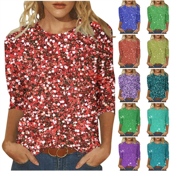 QATAINLAV Womens Sequin Tops 3/4 Sleeve Sparkly Glitter Blouse Cocktail Party Outfits Fashion Clothes, Purple, XXXL