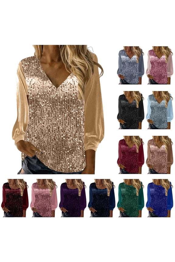 Womens Sequin Velvet Tops Fashion Glitter Sparkly Blouse Casual V Neck Long Sleeve Shirts Dressy Evening Party Holiday Outfits Gold XXL