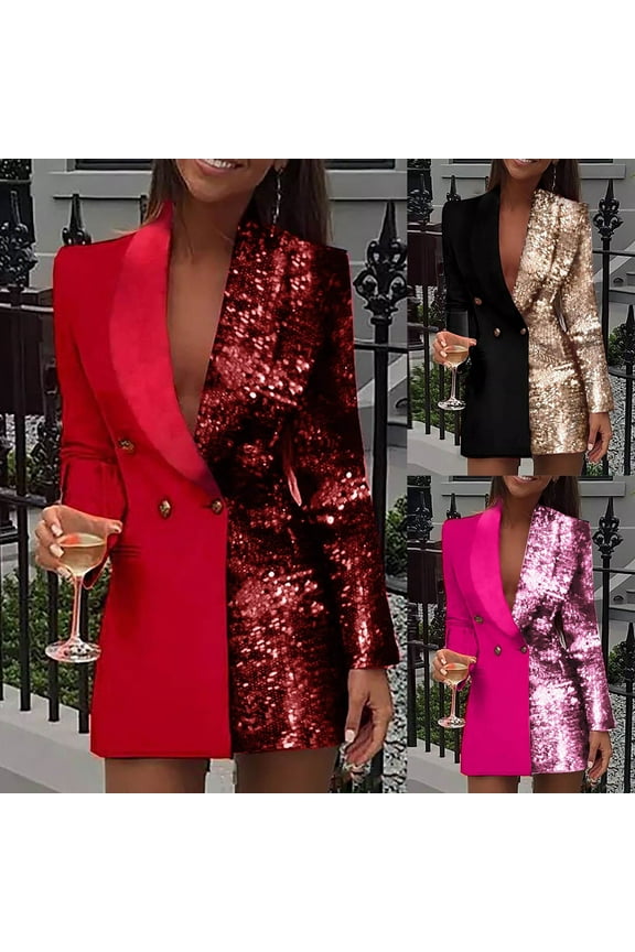 Womens Sequins Blazer Dress Fashion Sparkly Long Sleeve Button Business Casual Blazer Jackets Sparkly Glitter Wedding Guest Dresses Red M