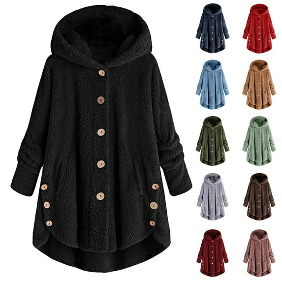 QATAINLAV Womens Sherpa Jackets Plus Size Button Down Fleece Hoodies Casual Loose Side Slits Plush Cardigan with Pockets, Green, XXL