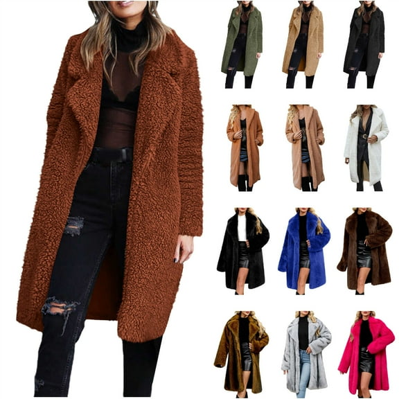 QATAINLAV Womens Sherpa Trench Coat Long Fashion Winter Jackets Fleece Lapel Warm Plush Cardigans, Beige, L